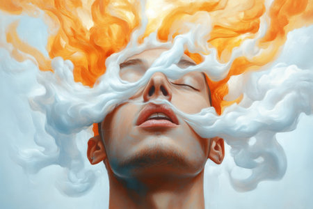 Surreal artwork depicting a face with fiery hair and dreamy expression.