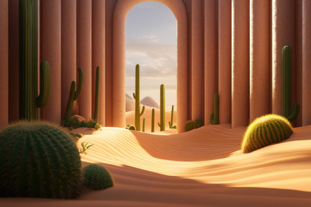 Desert oasis at sunrise with cacti and sand dunes under clear sky.の写真素材