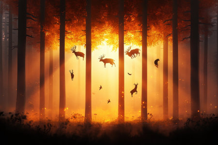 Majestic deer and birds silhouetted against a fiery forest sunset.の写真素材