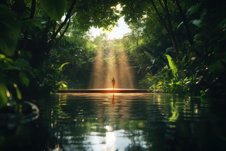 Female silhouette in lush sunlit jungle clearing by reflective water surface.の写真素材