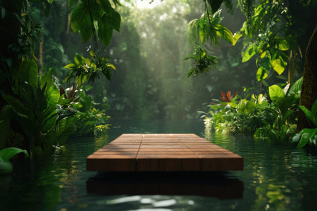 Wooden pathway amidst lush tropical jungle with dense green foliage.の写真素材