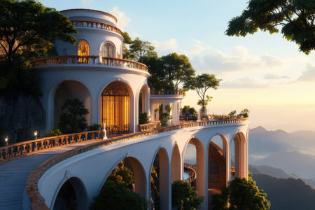 Majestic sunset view of grand arched palace overlooking mountain landscape.の写真素材