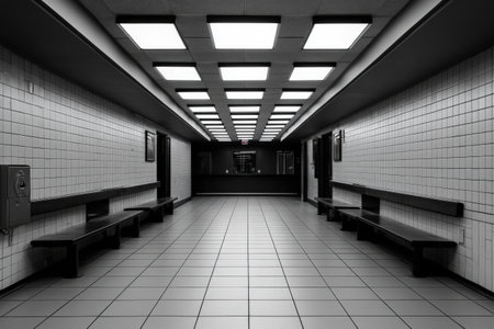 Minimalist subway station interior with symmetrical lighting and benches.の写真素材