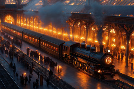 Vintage steam train at illuminated station with crowds.