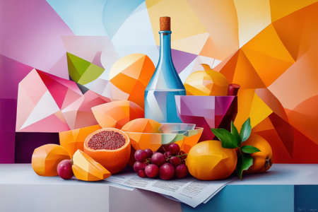Geometric still life with colorful fruits and bottle.の写真素材