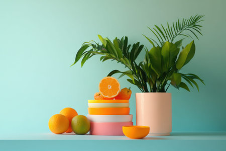 Vibrant citrus arrangement with fresh oranges and tropical greenery on pastel background.