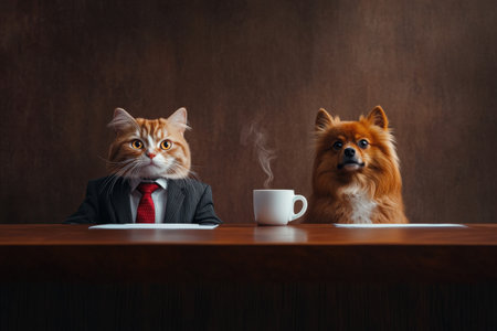 Cat in suit and dog sitting at table with coffee on wooden surface in humorous setting.の写真素材