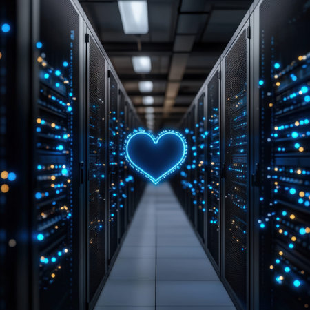 Glowing heart shape in data center aisle with led-lit servers displaying love for technology.