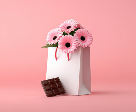 Pink gerbera daisies in gift bag with chocolate on pink background.の写真素材