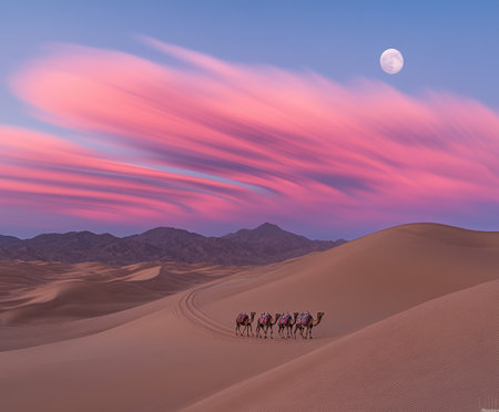 Camel caravan across desert dunes at sunset with colorful sky and full moon.の写真素材