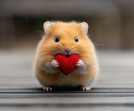 Adorable fluffy hamster holding red heart on wooden surface.の写真素材