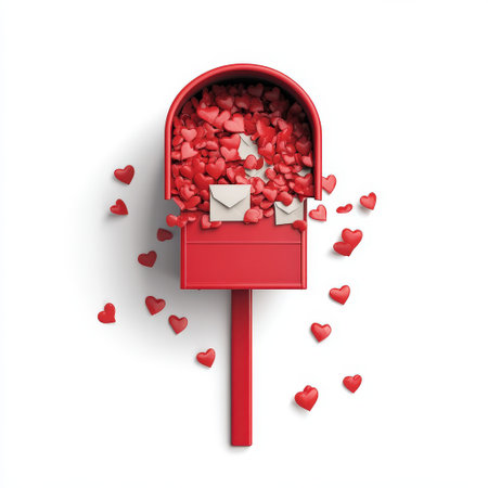 Overflowing red mailbox with love hearts and envelopes on white background.の写真素材