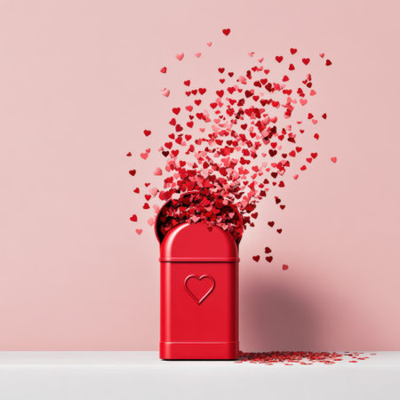 Red bin with heart shaped confetti overflowing on pink background.の写真素材