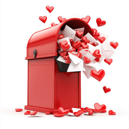 Overflowing red mailbox with white envelopes and red hearts symbolizing love and affection.の写真素材