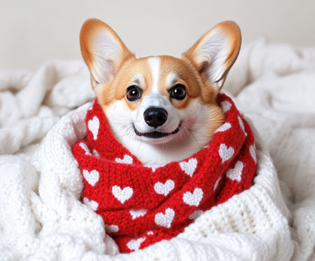 Corgi cozy in red heart scarf relaxing on soft white blanket.の写真素材
