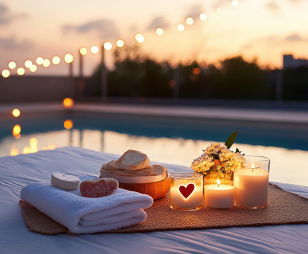Romantic evening poolside with candles and snacks at sunset.の写真素材