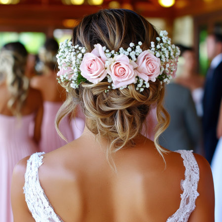Bridal hairstyle with pink roses and baby's breath at outdoor wedding.