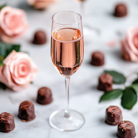 Elegant pink champagne with chocolate truffles and roses on marble surface.の写真素材