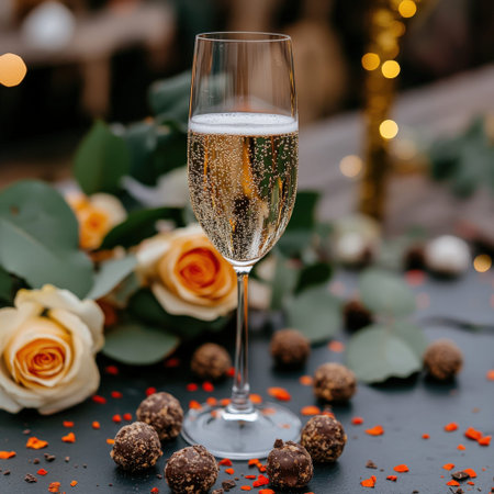 Elegant champagne glass with flowers and truffles at celebration.の写真素材