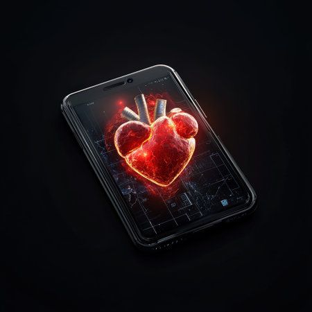 Digital heart on smartphone screen with futuristic technology design in dark setting.