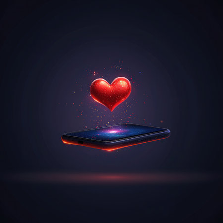 Glowing red heart hovers above smartphone on dark background.の写真素材