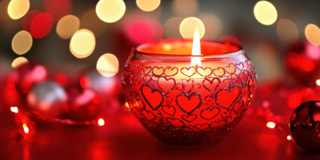 Romantic red candle glowing amidst heart-shaped designs in festive setting.の写真素材