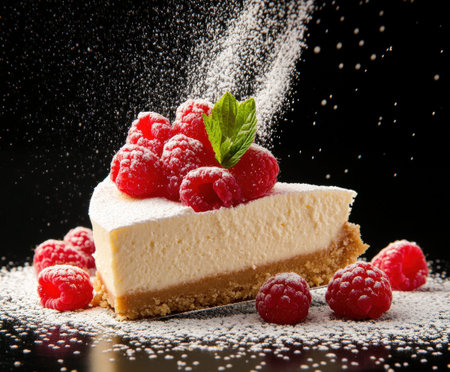 Delicious raspberry cheesecake with powdered sugar on black background.