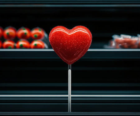 Red heart lollipop: sweet treat display in candy shop.の写真素材
