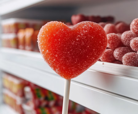 Heart-shaped red candy on stick with sugar crystals on store shelf.の写真素材