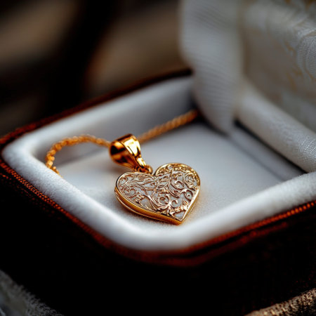 Intricate heart-shaped gold pendant in elegant jewelry box.の写真素材