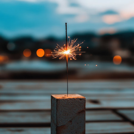 Sparkler glowing in twilight with vibrant bokeh and blurred background.の写真素材