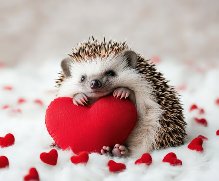Cute hedgehog holding heart cushion surrounded by red hearts on soft blanket.の写真素材