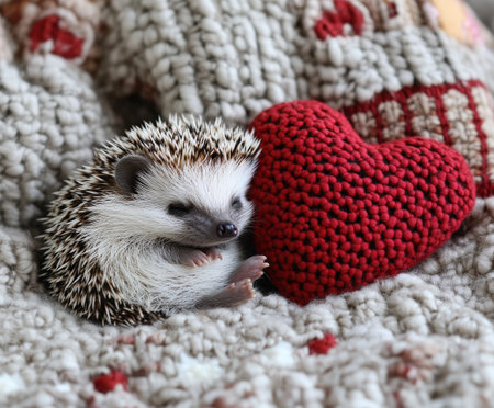 Adorable hedgehog cuddling red knitted heart on cozy knit blanket.の写真素材