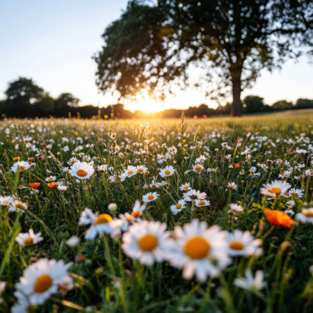 Sunset over serene meadow with blooming daisies and trees.の写真素材