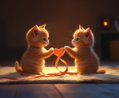 Two adorable kittens playing with heart-shaped ribbon on cozy carpet.の写真素材