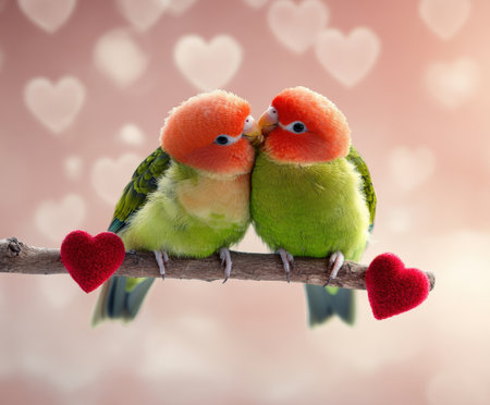 Colorful lovebirds perched together against heart background.の写真素材