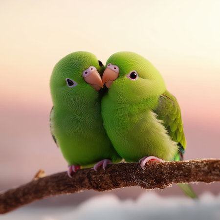 Two adorable green parrots cuddling on a branch at sunset.