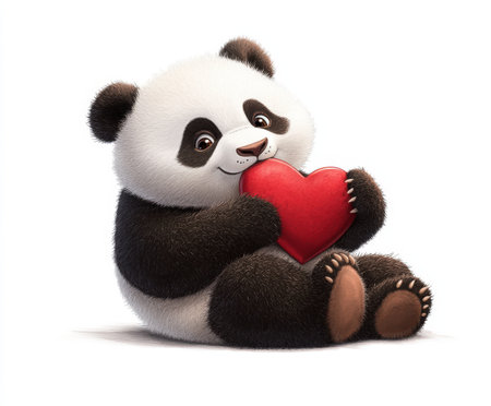 Adorable cartoon panda holding red heart with a loving expression.の写真素材