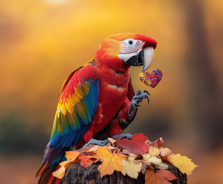Vivid parrot holding heart-shaped seed, perched on autumn leaves.の写真素材