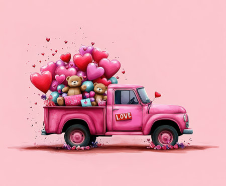Vintage pink truck with heart balloons and teddy bears on Valentine's day.の写真素材