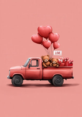 Red truck with heart balloons, teddy bears, and gifts on pink background.の写真素材