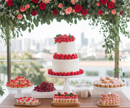 Elegant two-tier white cake with red berries in outdoor wedding reception.