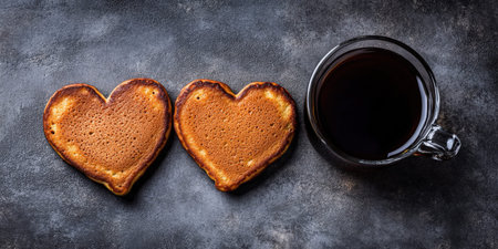 Heart-shaped pancakes and coffee on rustic background.