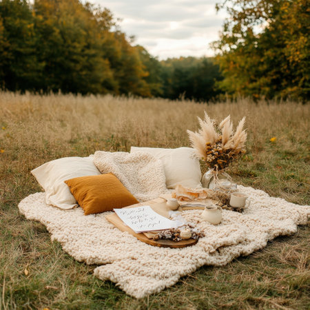 Cozy autumn picnic setup with blankets and cushions in a meadow.の写真素材