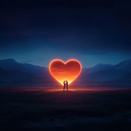 Romantic couple silhouette with neon heart at twilight in mountainous landscape.の写真素材