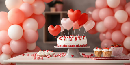 Heart-shaped balloons and cake with pink and red decorations.
