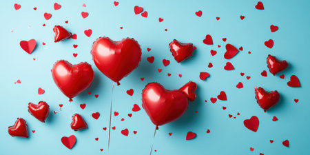 Heart-shaped balloons and red hearts on blue background.