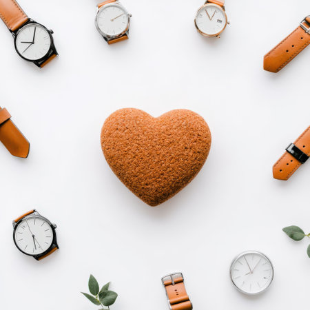 Heart-shaped cookie with minimalist watches and straps on white background.の写真素材