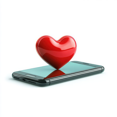 Red heart on smartphone symbolizing digital love and technology connection.の写真素材