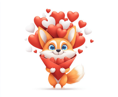 Cute cartoon fox holding heart-shaped balloons with a joyful expression.の写真素材